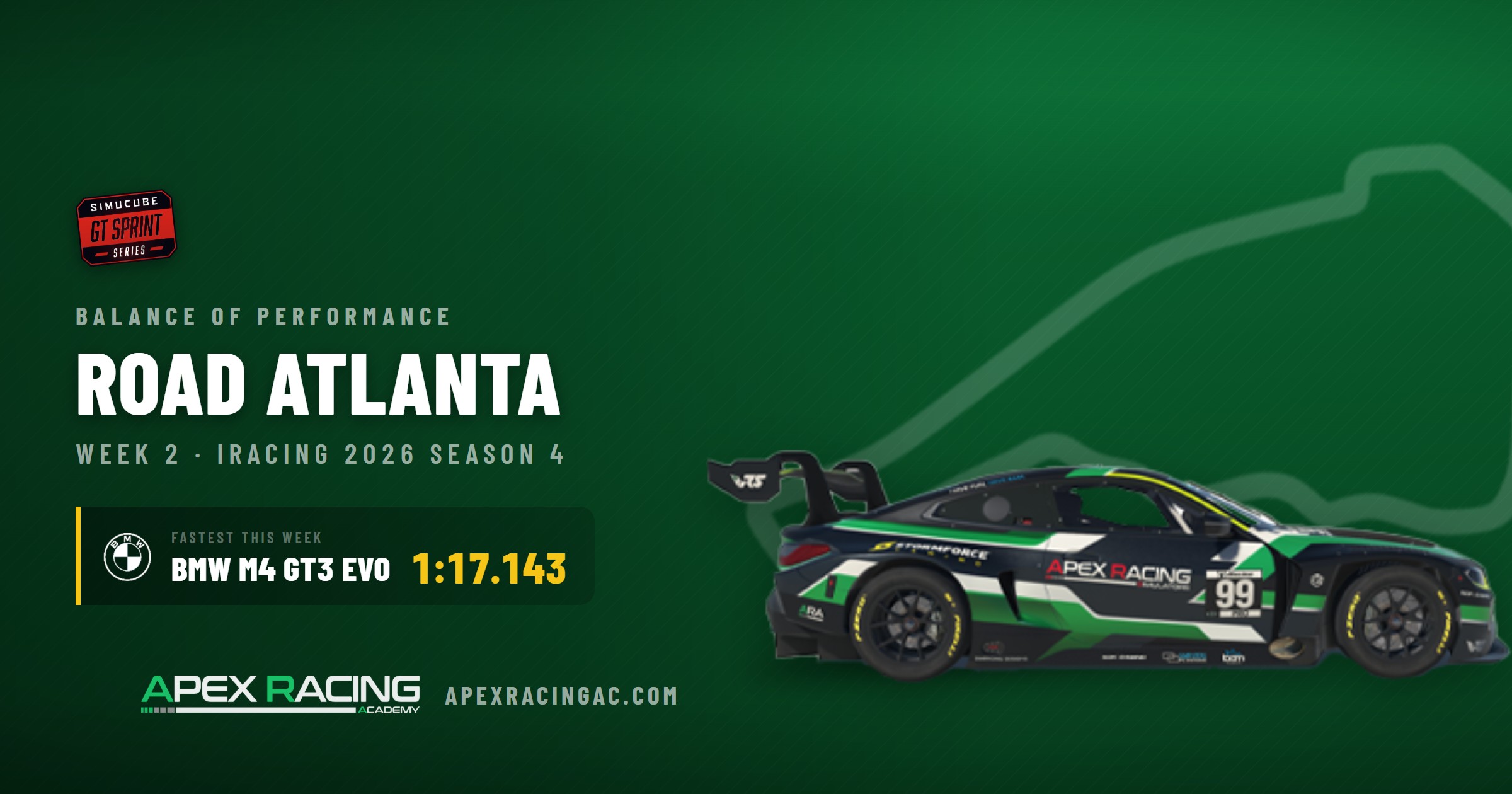 iRacing GT Sprint GT3 Balance of Performance, Road Atlanta, Week 2. Fastest car: BMW M4 GT3 EVO, 1:17.143.